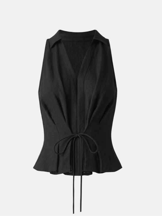OGL Tops - OGL Viscose-Linen Medium Collared V-neck Pleated Sleeveless Top Drawstring Black